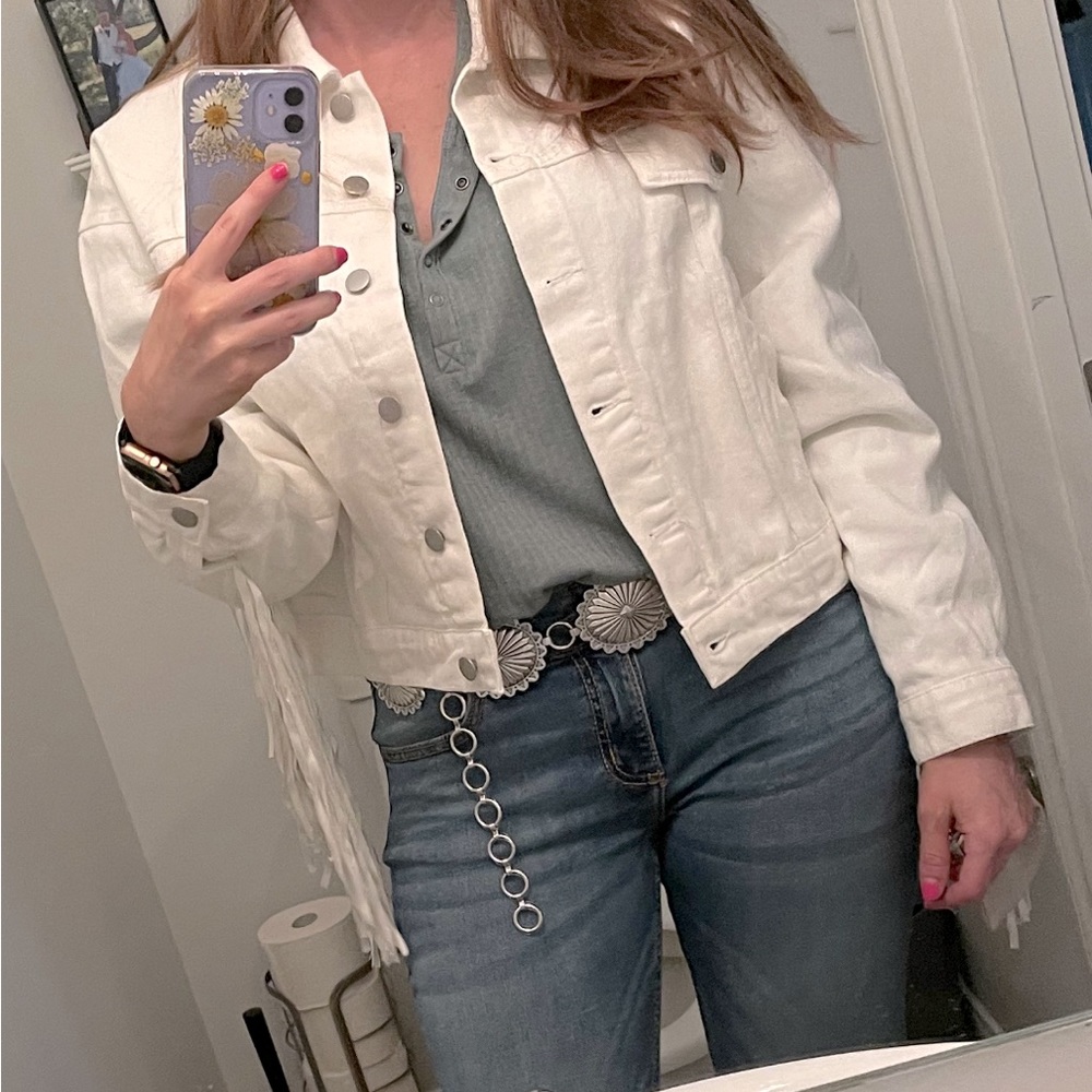 White jean jacket with fringe size medium